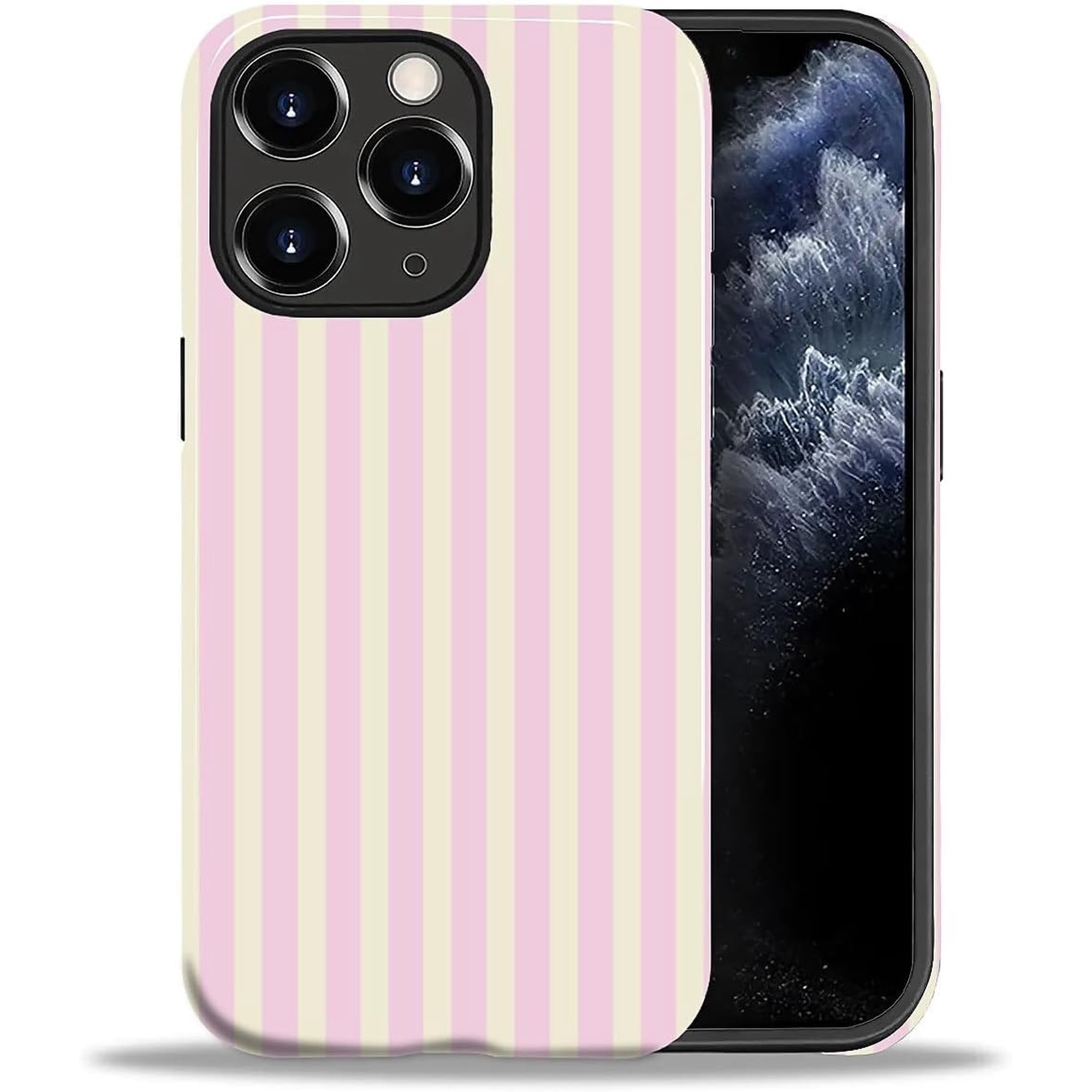 Case for iPhone 11 Pro Max, Durable Drop Protection Shockproof Silicone and Hard PC 2 in 1 Hybrid Protective Cover with Stylish Pattern Design Cute Striped Aesthetic Yellow Pink
