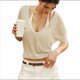 thumbnail image 2 of Suéteres de Cuello en V para Mujer, Informales, de Larga de Murciélago, Holgados, con Hombros Descubiertos, de Punto, para Cubrirse. Albaricoque L, 2 of 10
