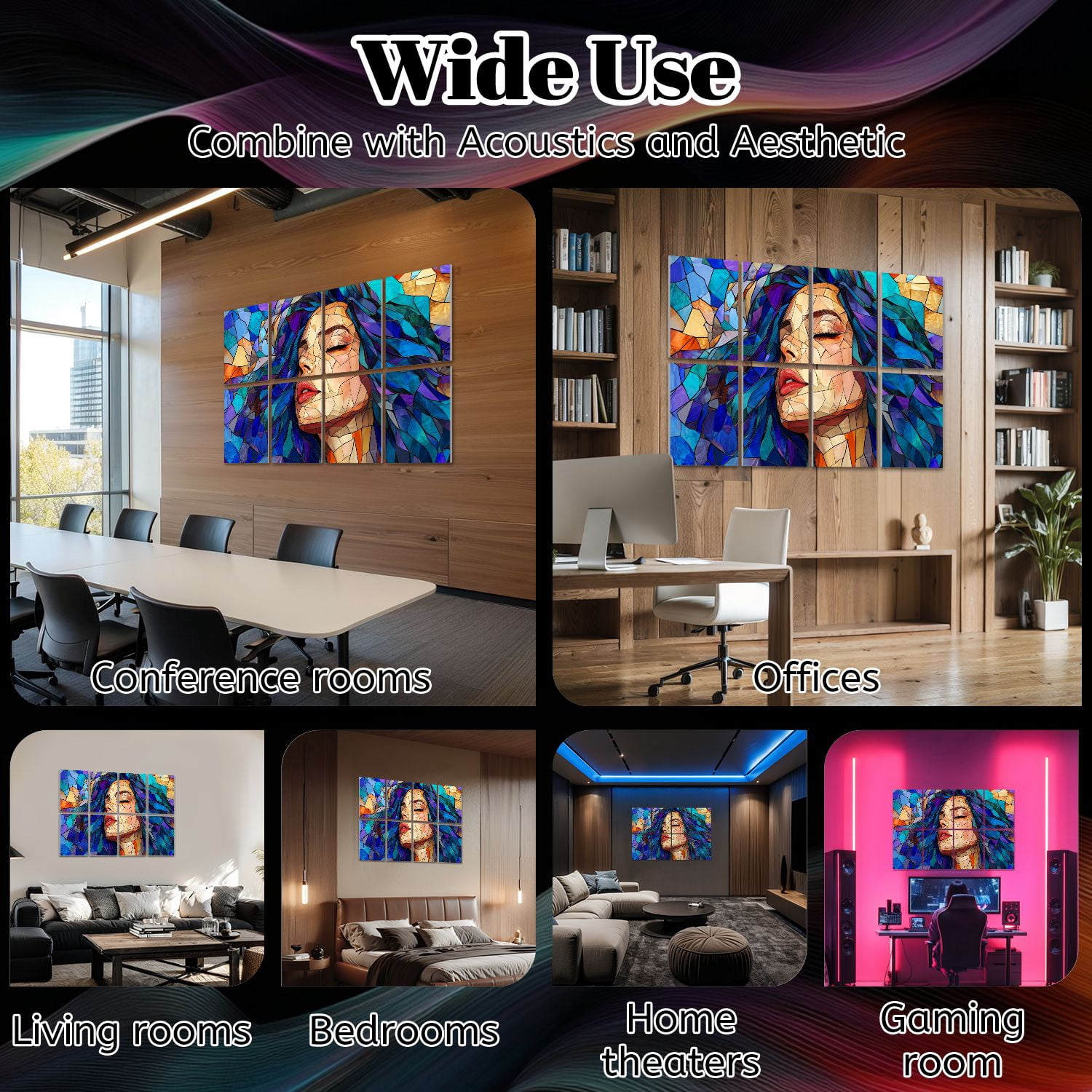 Stained Glass Style 8 Pack Art Acoustic Panels Sound Absorbing Portrait Woman Blue Hair Decorative Soundproof Wall Panels Self Adhesive for Nursery Game Room Bedroom 48"x32"