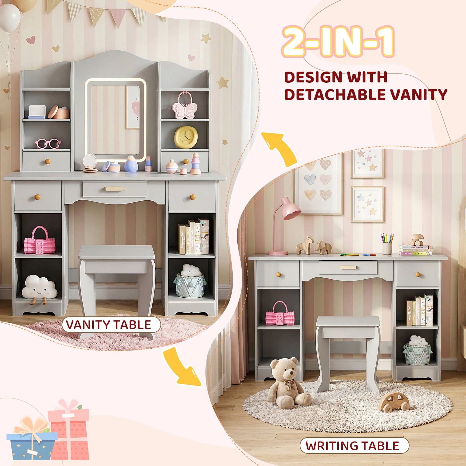 Pirecart Kids Vanity with 3 Color Lights, Girls Vanity Set with Mirror, Storage Drawer, Pretend Play Makeup Desk, with Detachable shelf, Gray