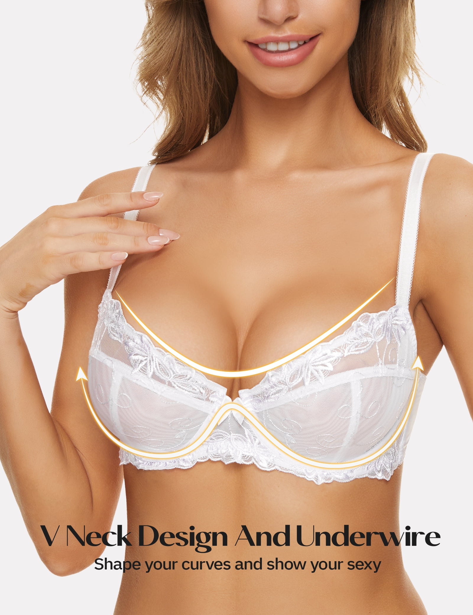 Wingslove Women's Push Up Bra Sexy Lace Balconette Plus Size Full Cup Unpadded Underwire See Through Bra,White 34DD