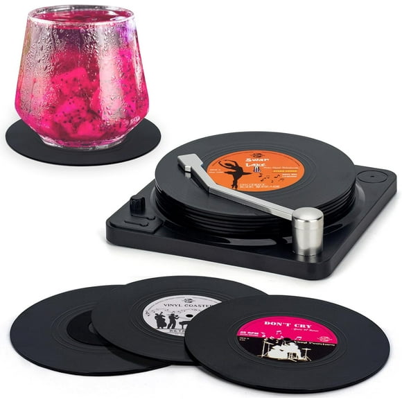 Valdivia Funny Retro Vinyl Record Coasters with Player, 6 Pcs Music Coasters for Drinks, Bars, Cafes, Office, Birthday Gifts for Music Lovers, Home Decor Housewarming and White Elephant Gifts Ideas