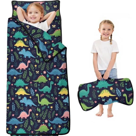 Colorful Dinosaurs Plant Dark Blue Pattern Teens Toddler Nap Mat with Pillow, Sleeping Mat Bag for Preschool Daycare 59"x22"