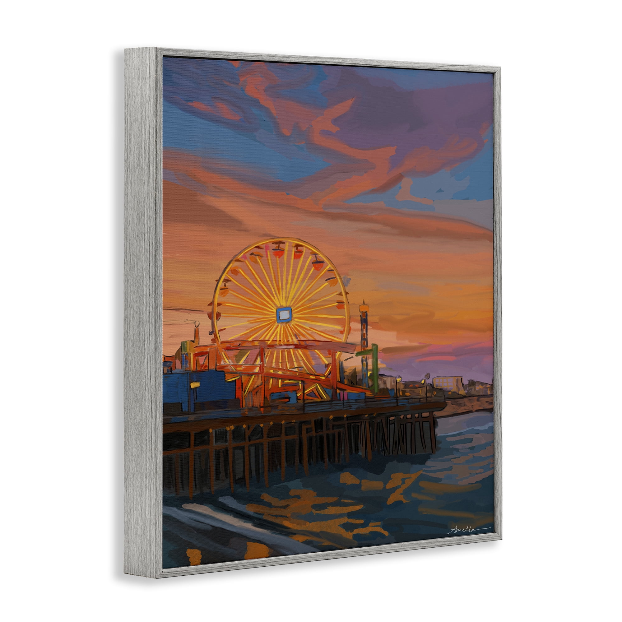 Stupell Industries Santa Monica Pier Sunset Gray Framed Giclee Art, design by Amelia Noyes