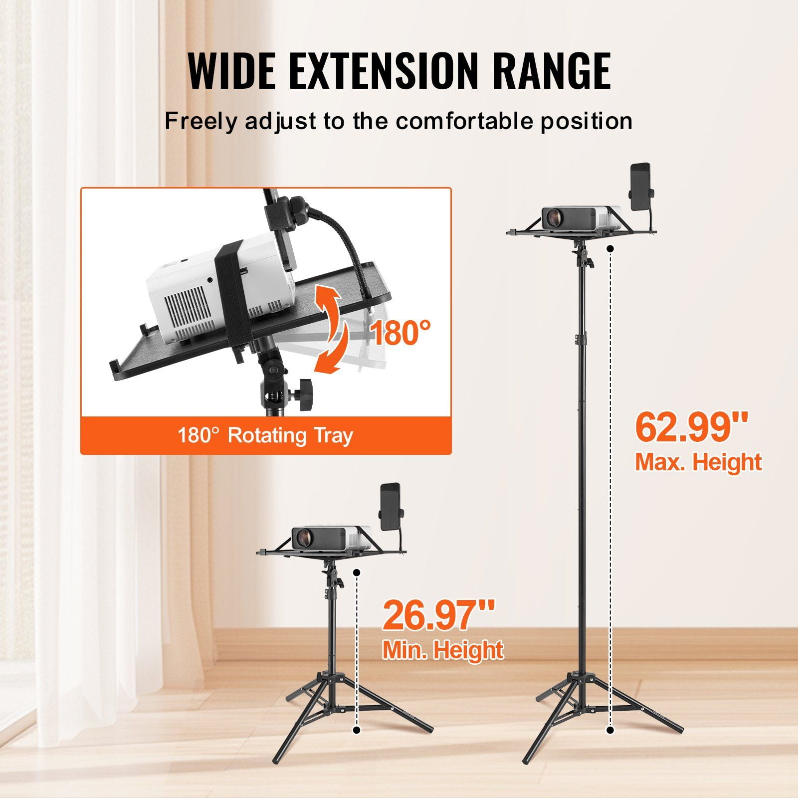 Adjustable Height Projector Stand Tripod with Tray and Gooseneck Phone Holder Portable for Outdoor Movies Home Office Stage Studio 26.97 to 63 Inch