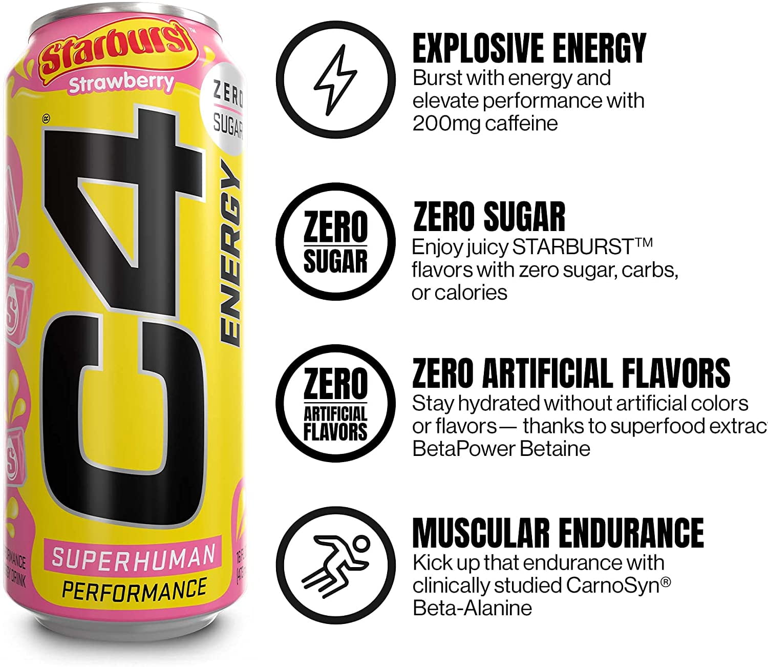 Cellucor C4 Energy Drink, STARBURST Strawberry, Carbonated Sugar Free Pre Workout Performance Drink with no Artificial Colors or Dyes, Pack of 12
