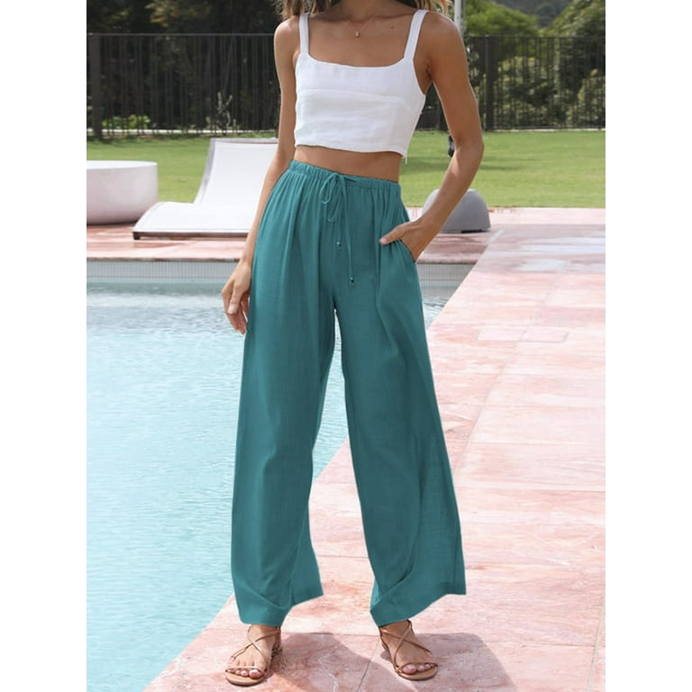 Avamo Women s Linen Pants Summer Palazzo Pants Flowy Wide Leg Beach Trousers Drawstring Waist with Pockets Peacock Blue 2XL Walmart