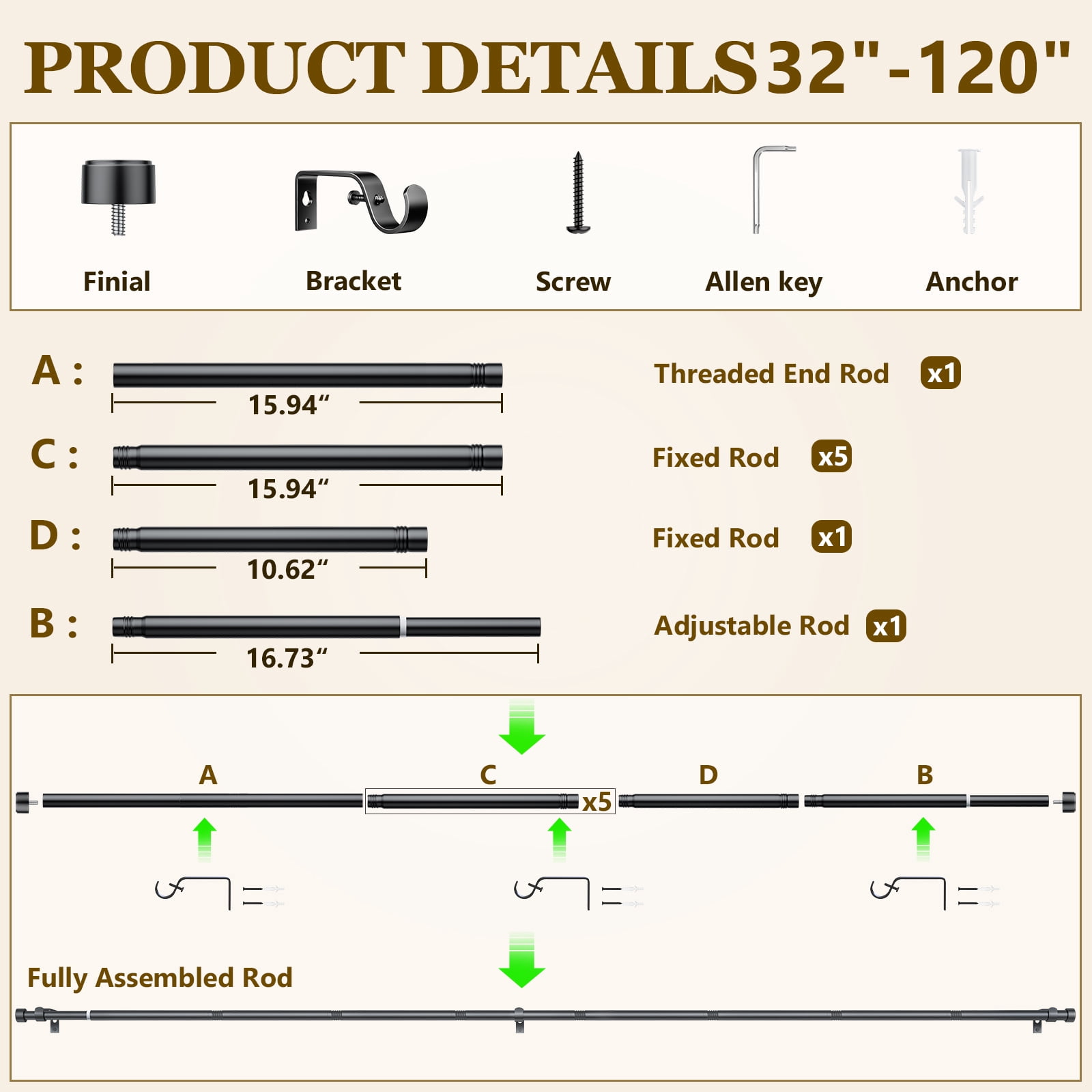 Heavy Duty Adjustable Curtain Rods for Windows, 1-Inch Diameter Matte Black Curtain Rod, 32-120 Inches