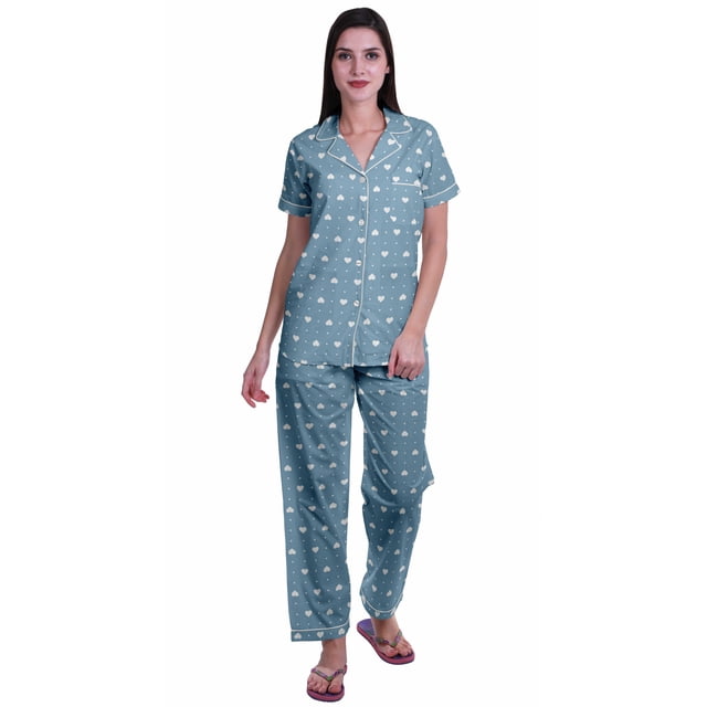 Moomaya Ensemble de Pyjama en Coton Imprimé à Col Cranté pour Femmes