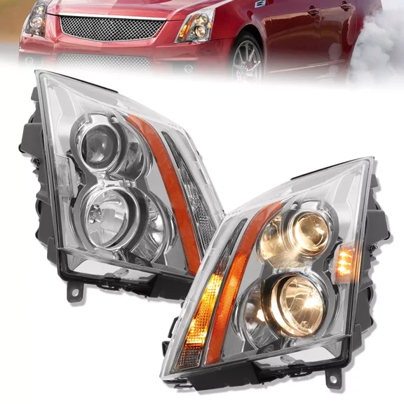MOSTPLUS Pair Chrome Headlights w/ Bulbs for 2008-2014 Cadillac CTS 4-Door Sedan Halogen