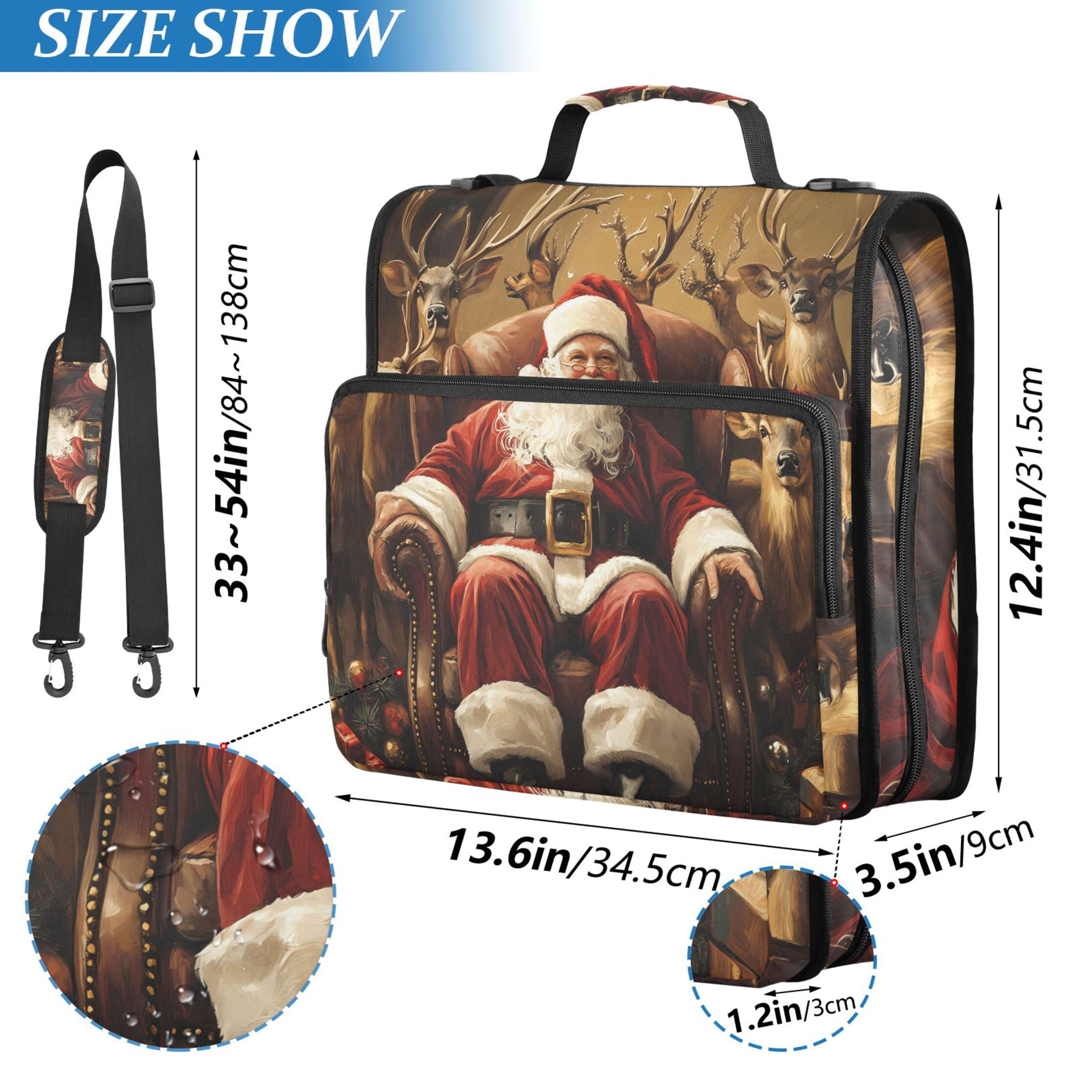 3 Ring Zipper Binder with Shoulder Strap Waterproof Trapper Keeper 2 Inch D-Ring 500 Sheets Capacity Christmas Santa Claus and Deers