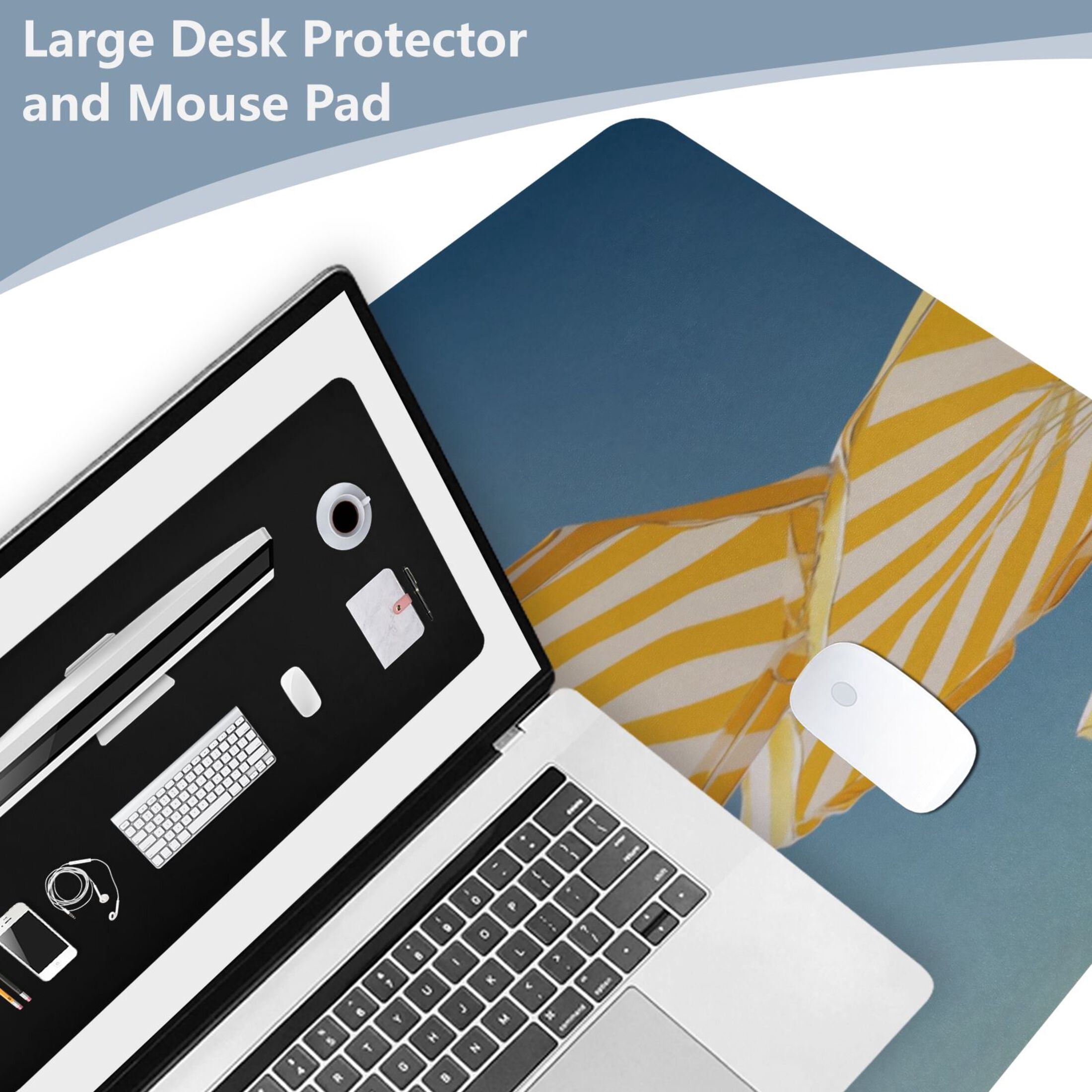 Leather Keyboard and Mouse Desk Mat Office Desk Accessories Protective Office Desk Decor Desk Pad Mat for Gaming, Work from Home, Office Striped Beach Umbrellas Pattern 16.5" x 35.4"