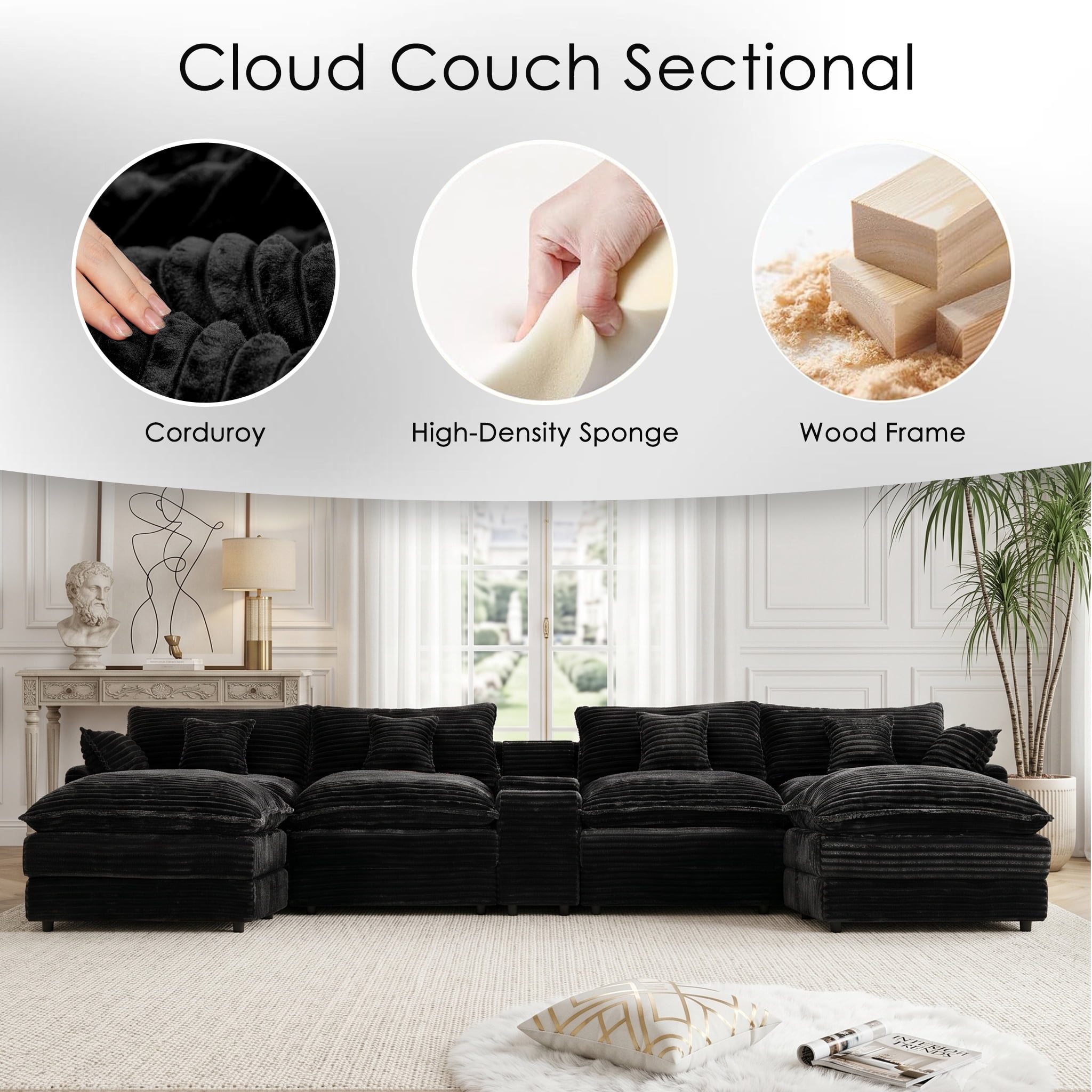ANPPORT Luxury 145" U Shaped Cloud Modular Sectional Sofa, Corduroy Deep Seat Couch with Storage Console, USB Ports & Cup Holders for Living Room, Black