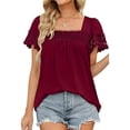 thumbnail image 2 of Blusa elegante color vino tinto, manga corta, holgada y con ribete de encaje para mujer, 2 of 6