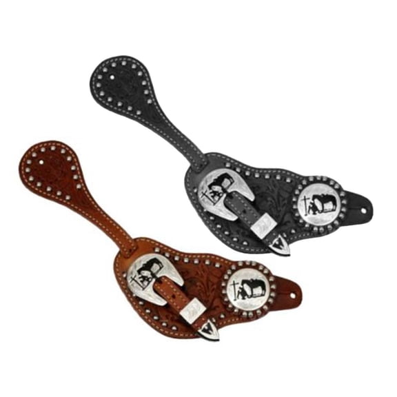 Showman Men's Tooled Leather Spur Straps w/ Silver Engraved Praying Cowboy Conchos (Black)