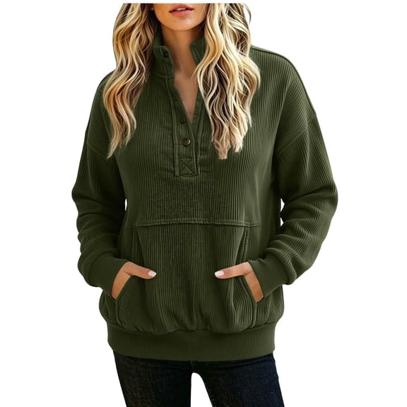 hoksml Women's Corduroy Henley Sweatshirt Stand Collar Pocket Long Sleeve Loose Pullover for Casual Travel Soft