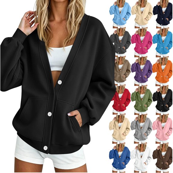 Womens Sweatshirt Fall Trendy Casual V-Neck Long Sleeve Button Front Cardigan Winter Loose Coat with Pockets