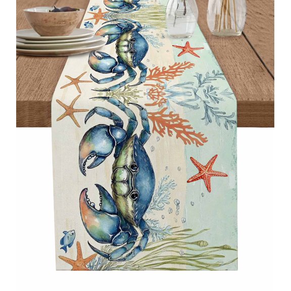 Blue Coastal Crab Table Runner 70 Inches, Nautical Beach Coral Starfish Bed Runner Dresser Scarves Tabletop for Indoor Outdoor Parties/Ceremony/Banquet, 13" x 70"