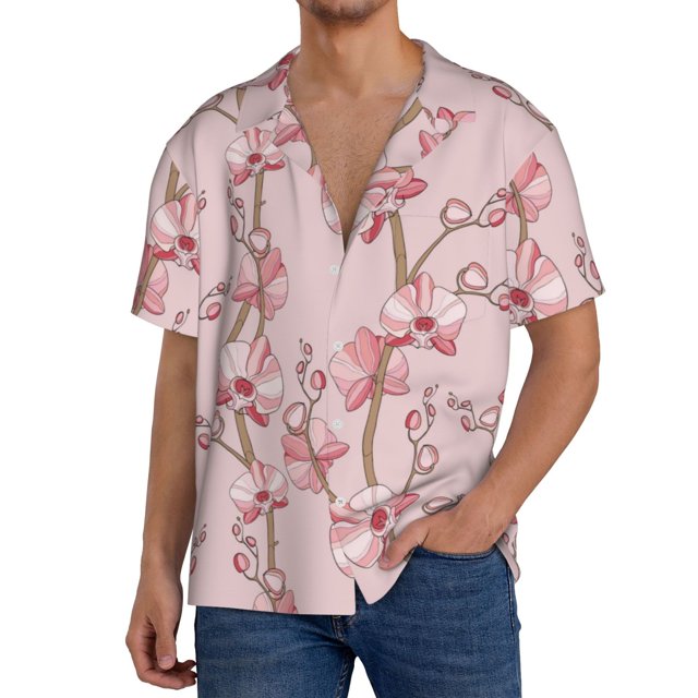 Fotbe Orchids Flowers Camisa Estampada de Manga Corta para Hombre, Casual de Verano, Estilo Playero, Sin Arrugas-Small