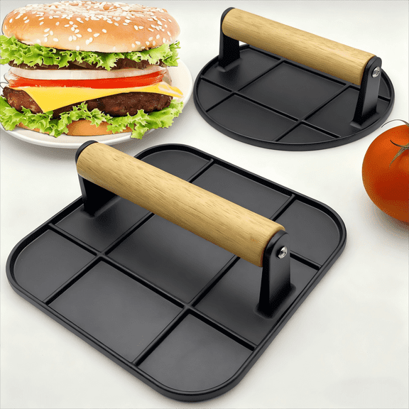 2-Piece Grill Press Set, Solid Cast Aluminum Smash Burger Press with Oak Wood Handle, Square & Round Patty Shaper for Hamburgers, Paninis, Sandwiches, BBQ