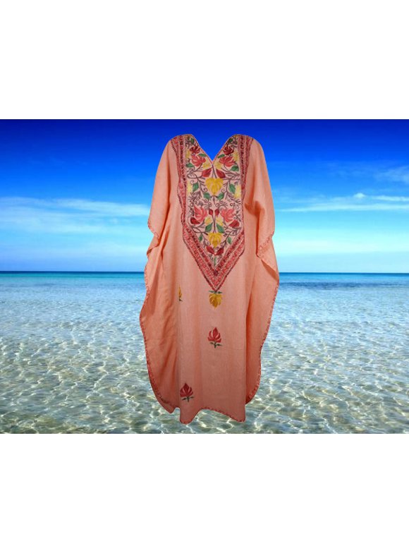 Women's Kaftan Maxi Dress, Summer Beach Dresses, Pink Embroidered Caftan Dresses, L-2X, One size