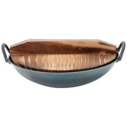 Cast Wok with 2 Handle and Wooden Lid: Nonstick Deep Frying Pan for Authentic Asian Chinese Stir- Fry Grilling Frying Steaming.5cm