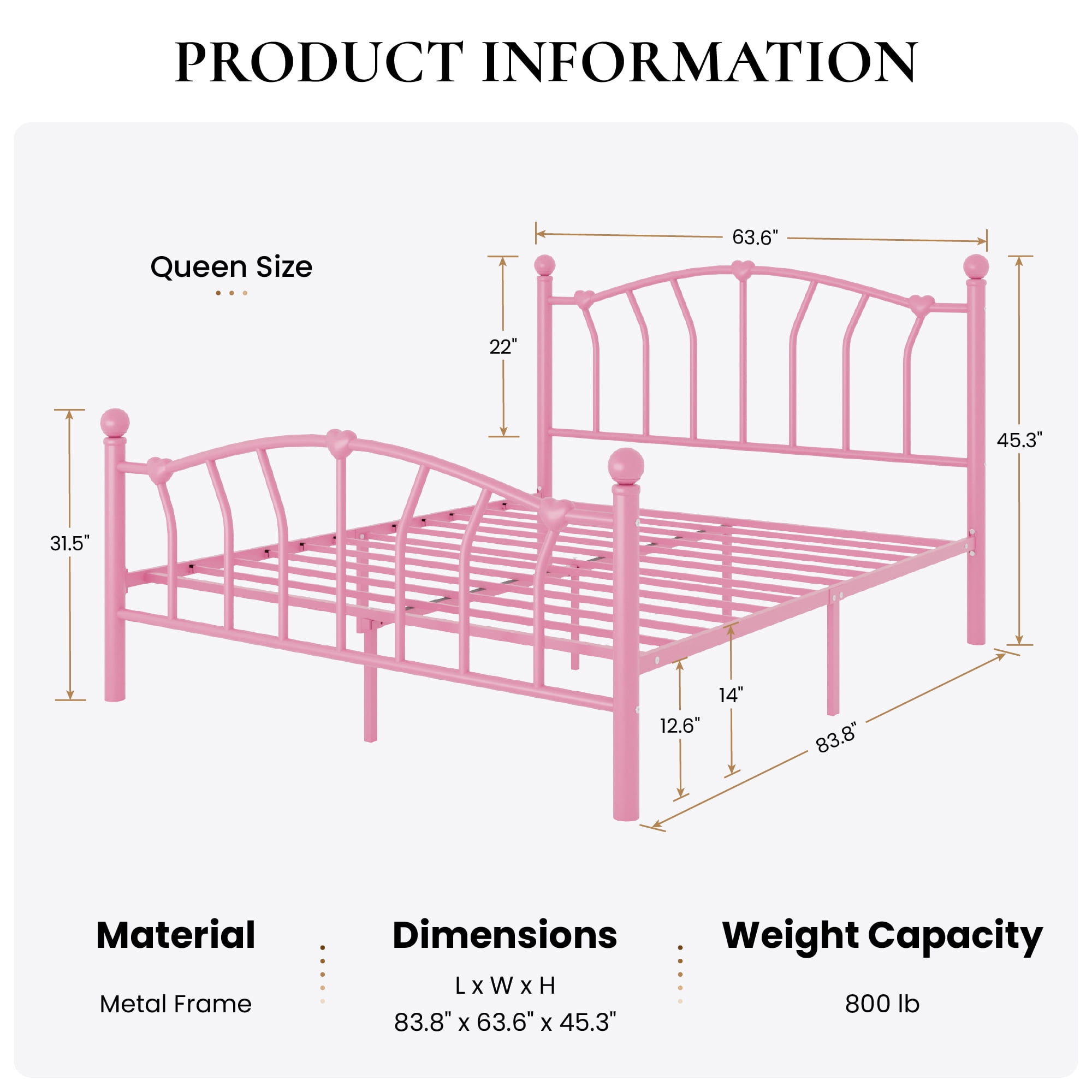 SHA CERLIN 14 Inch Queen Size Metal Platform Bed Frame with Heart Shaped Iron-Art Headboard/Footboard, Under Bed Storage, Noise Free Mattress Foundation, Easy Assembly, Pink