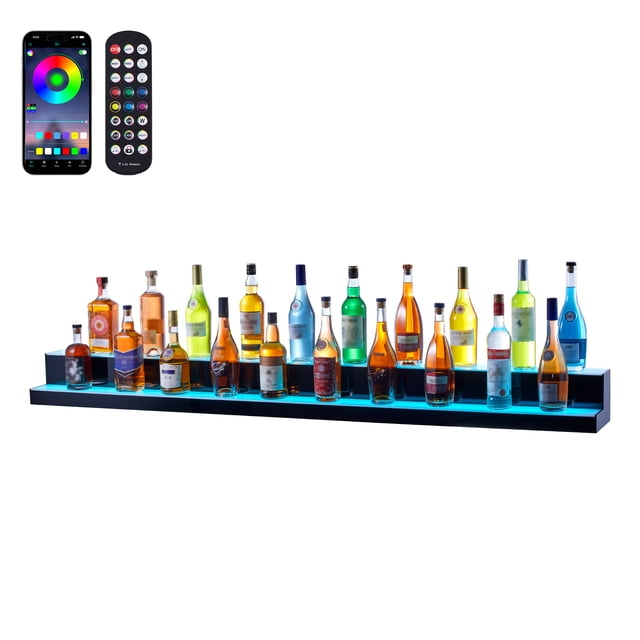 VEVOR Estante de exhibición de botellas de licor iluminado con LED, estante de barra comercial iluminado de 2 niveles de 72 pulgadas, soporte para whisky de 2 pasos