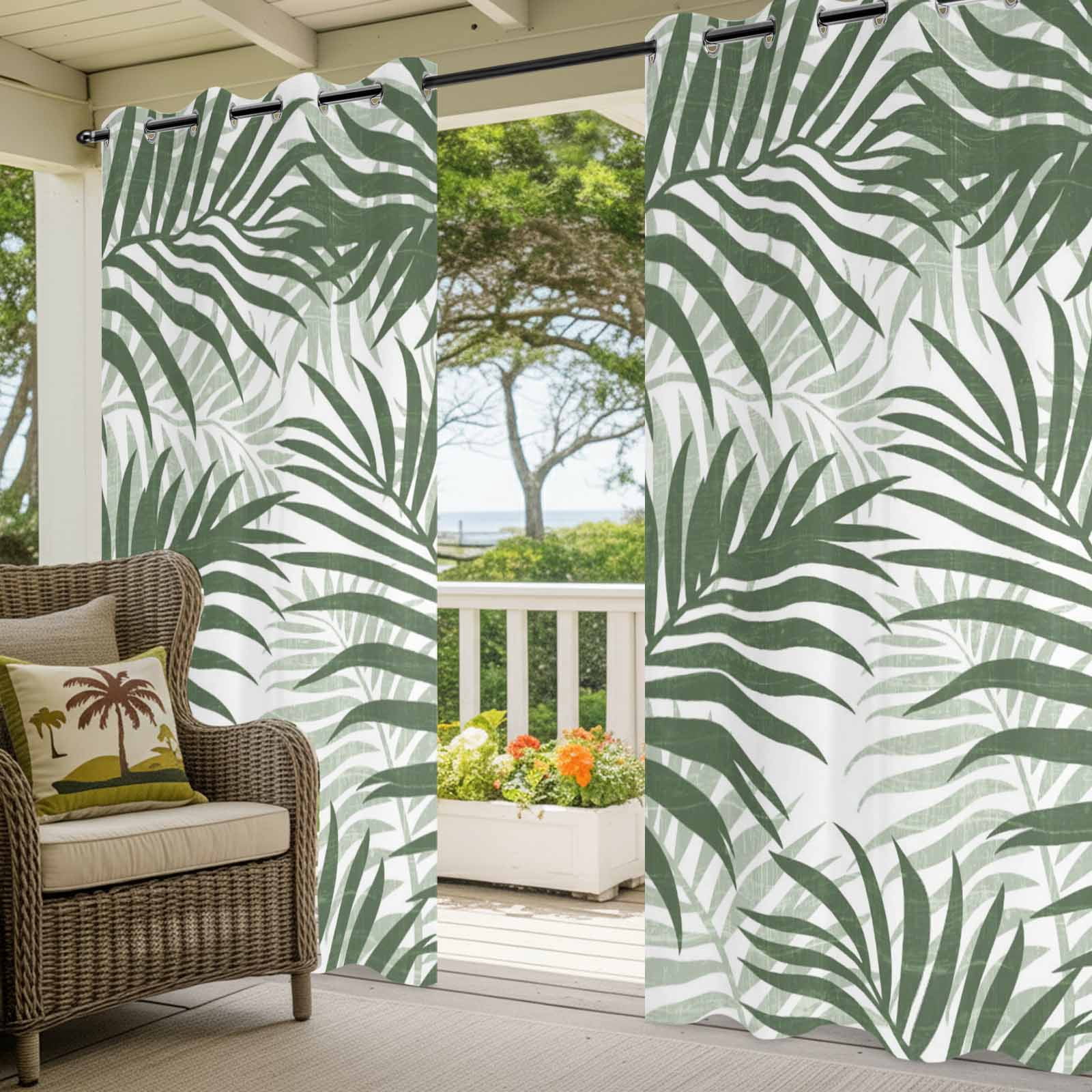 Forest Green Palm Leaves Outdoor Curtains for Patio, Summer Botanical Tropical Plant Rustic Sunshade Privacy Drapes Grommet Waterproof Outside Curtains for Porch/Cabana/Balcony 54"x 108", 1 Panel