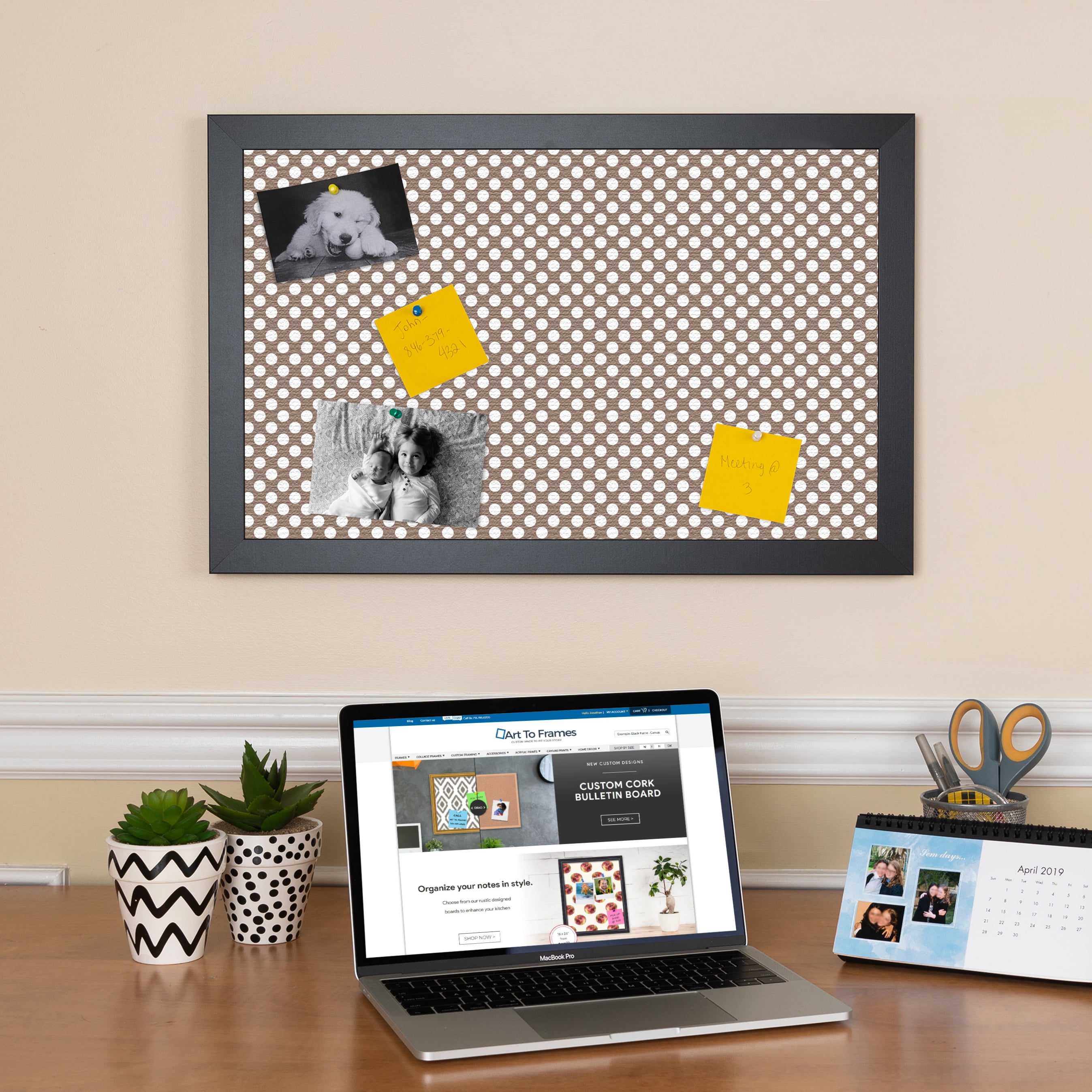 PinPix 23x17 Custom Cork Bulletin Board Brown Polka Dot Poster Board Has a Fabric Style Canvas Finish, Framed in Brown Polka Dot, by ArtToFrames (PinPix-501)
