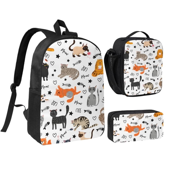 Cartoon Cat Backpack Set 3pc Including Backpack, Lunch Bag and Pen Bag Combination