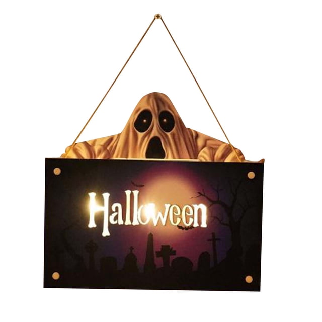 Fiudx Letrero Colgante de Halloween para Puerta, Diseño de Calabaza de Madera, Luz Led Ambiental, Material Duradero y Reutilizable, Ideal para Fiestas y Decoración Del Hogar, 25 X 23 X 2,5 Cm.