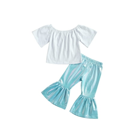 

Spring hue Kids Girl s Summer Outfits Short Sleeve T-shirt Laser Trumpet Pants