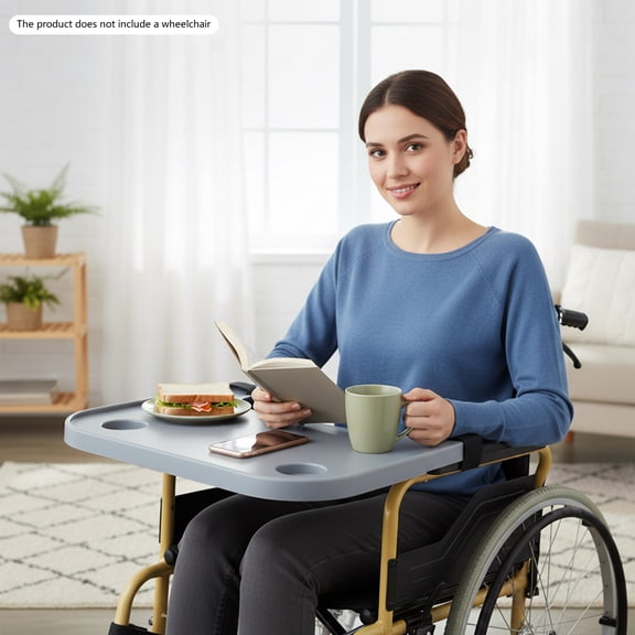 Wheelchair Tray Table w/ Dual Cup Holders & High‑Capacity ABS Surface, Universal Strap‑On Design for Wheelchairs (15.75″–19.69″ Armrest Fit) — Sturdy Daily Dining, Tablet & Reading Surface
