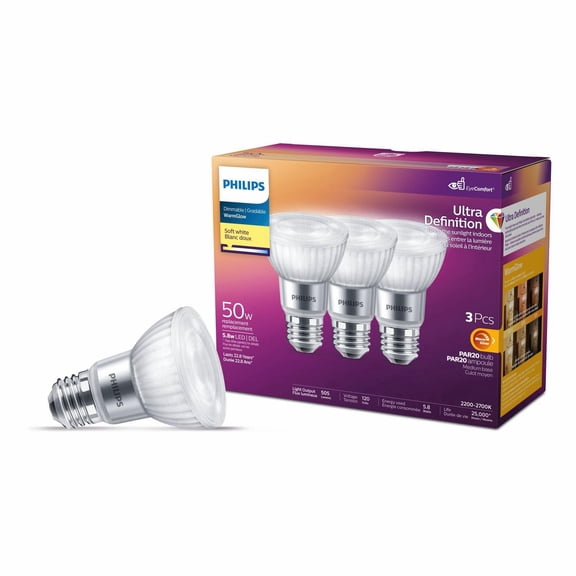 PHILIPS Ampoules LED PAR20, 5,5 W, 50 W, culot moyen, blanc doux, lueur chaude, ultra haute définition, à intensité variable, paquet de 3