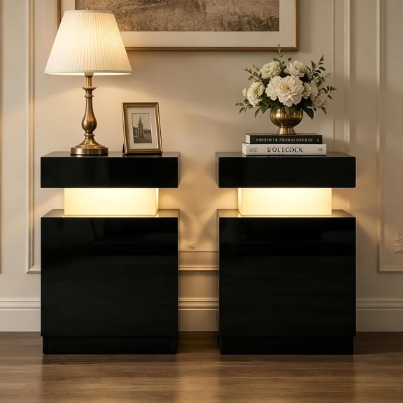 Nightstand Set of 2, LED Night Stands, Bedside Table End Side Table with Storage Cabinet for Bedroom, Black