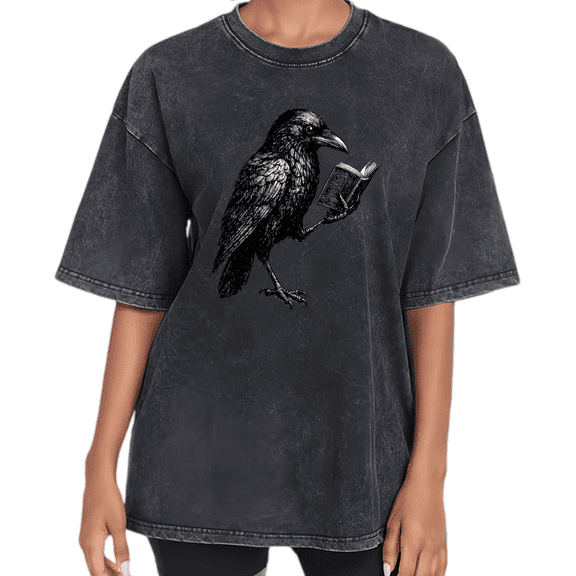 UNISHE Women's Reading Raven Vintage Washed Graphic Tee Short Sleeve Crewneck Distressed Oversized Casual Dark Academia Bird Sketch Top