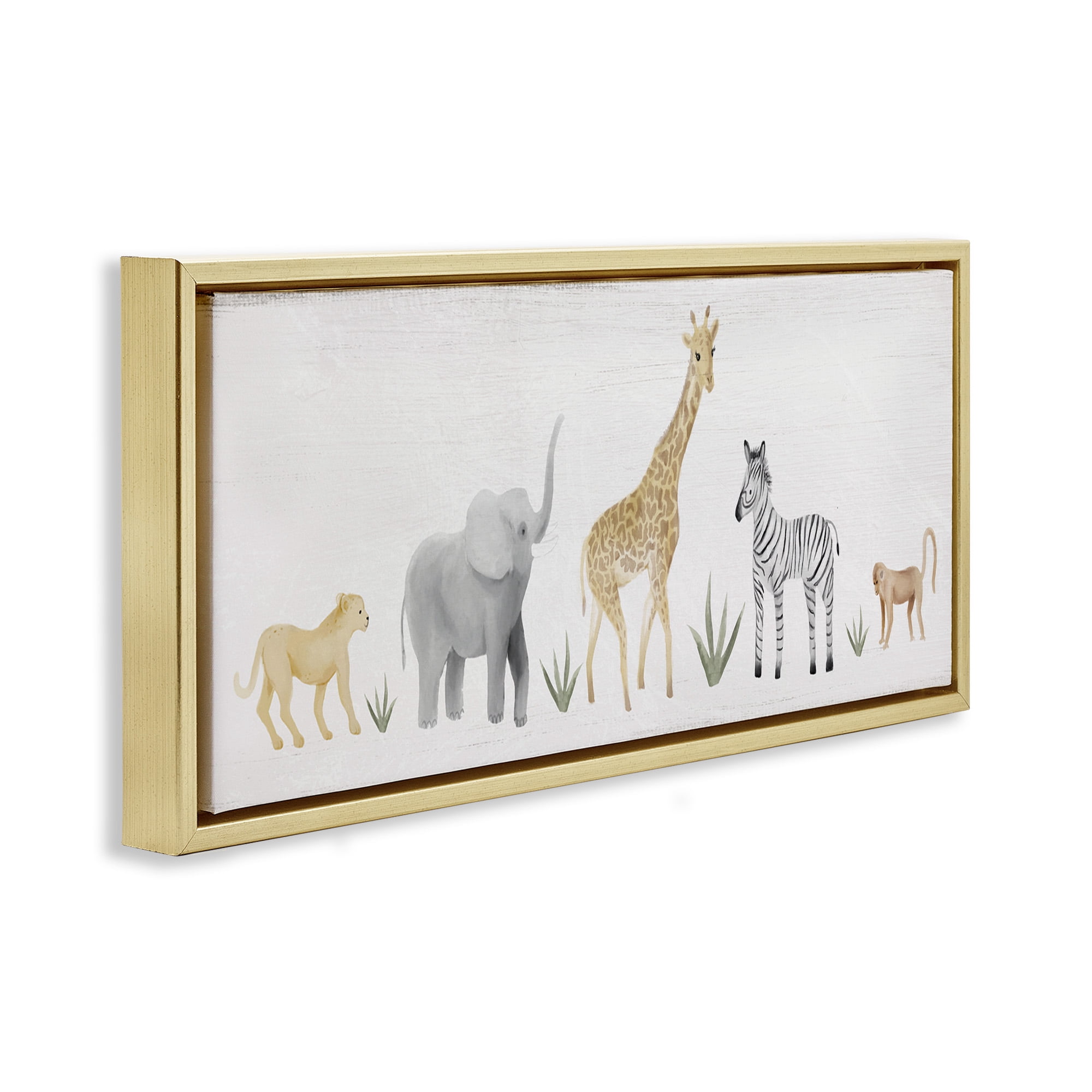 Stupell Industries Adorable Jungle Animals Wildlife Animals & Insects Painting Gold Floater Framed Canvas Art Print Wall Art, 31 x 14