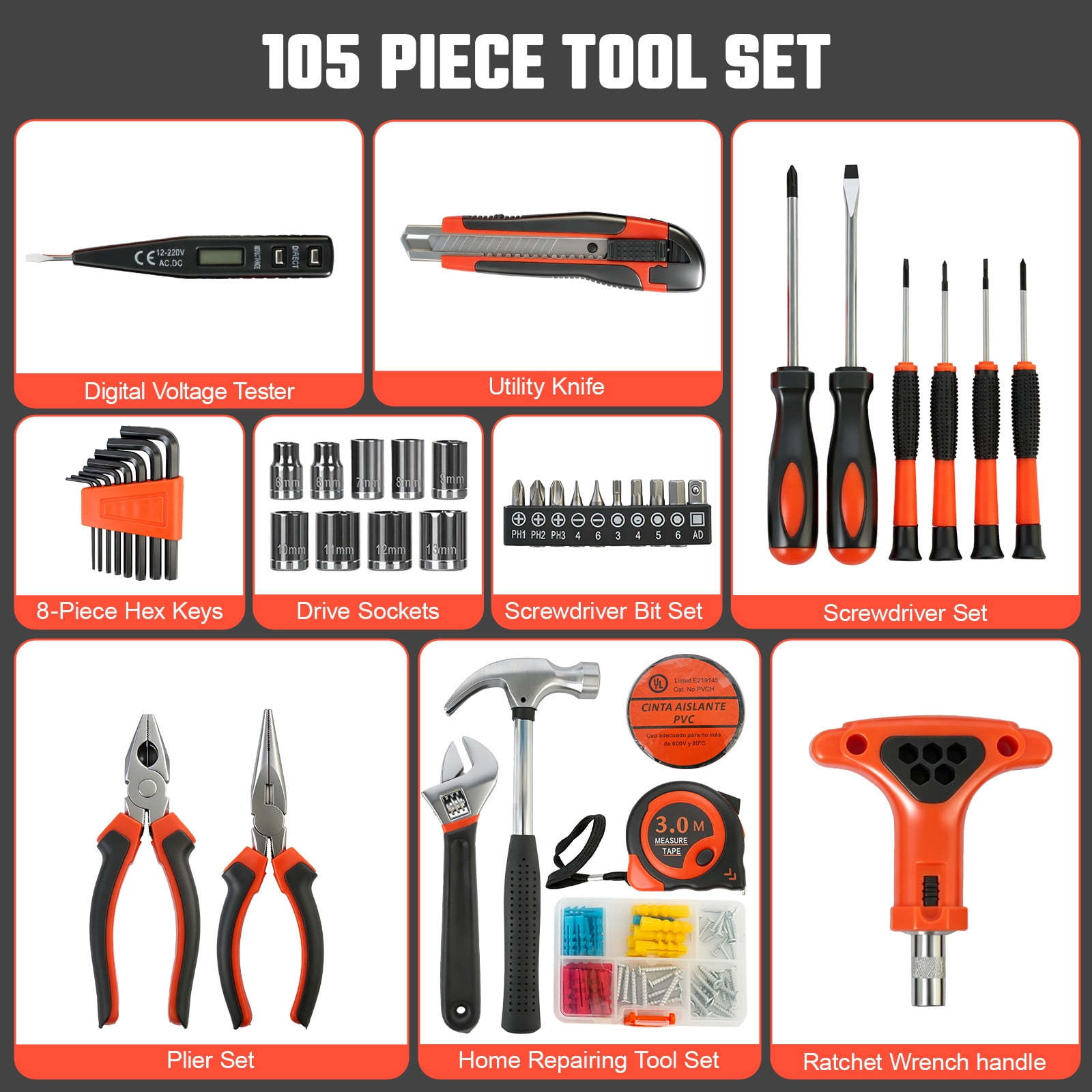 105 Piece Tool Set, General Household Hand Tool Kit with Hard Case, 72-Tooth Ratchet & Socket Set, S2 Drill Bits, Wire Stripper, Hammer, Voltage Tester, for Home DIY, Car Repair, Electrician