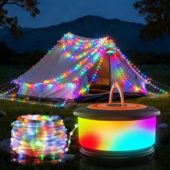 Camping Light String, 3-in-1 Retractable RGB Outdoor Light String, 19 Lighting Modes, 30 Seconds Quick Recovery, 32.8ft Portable Tent Light, Rechargeable Waterproof Camping Lights (Black and Orange)