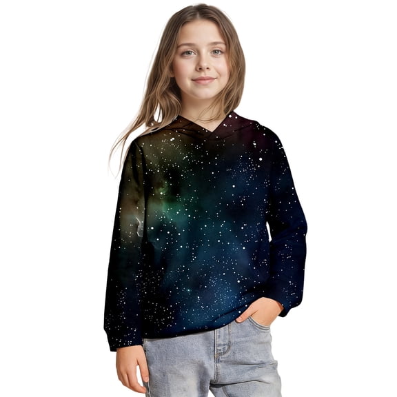 Toddler Girls Graphic Hoodie Galaxy Print Long Sleeved Hooded Sweatshirt with Pockets Casual Outerwear Size 3-4T , Black