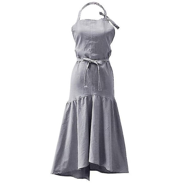 Delantal con lazo en mezcla de lino y algodón para mujer (gris, ajustable)