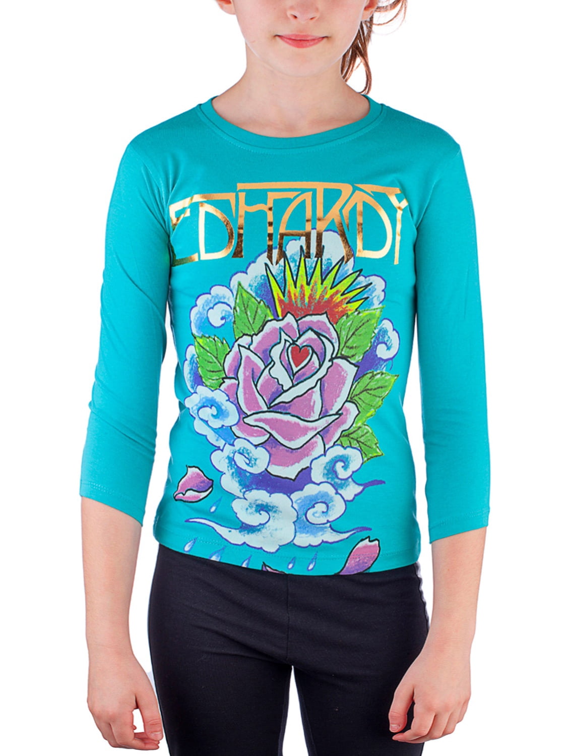 T-shirt Col V Ed Hardy Kids Girls Love, Manches Longues, Couleur Sarcelle, 100% Coton - Neuf Avec étiquettes