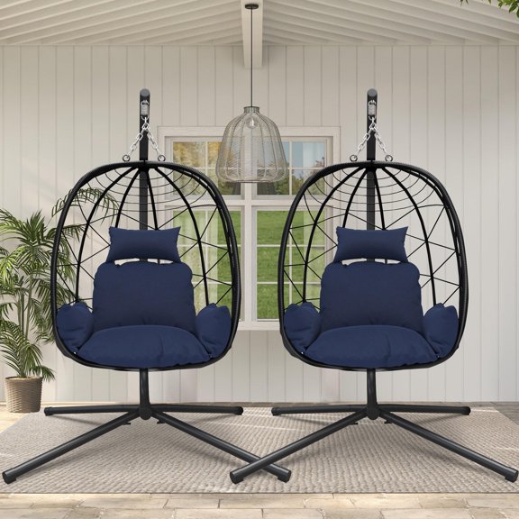 PAPROOS 2PCS Wicker Egg Chair, Indoor Outdoor Swing Chair with Stand and Removable Cushion, All-Weather Rattan Hanging Basket Chair Hammock Chair for Patio Balcony Porch Garden, Navy