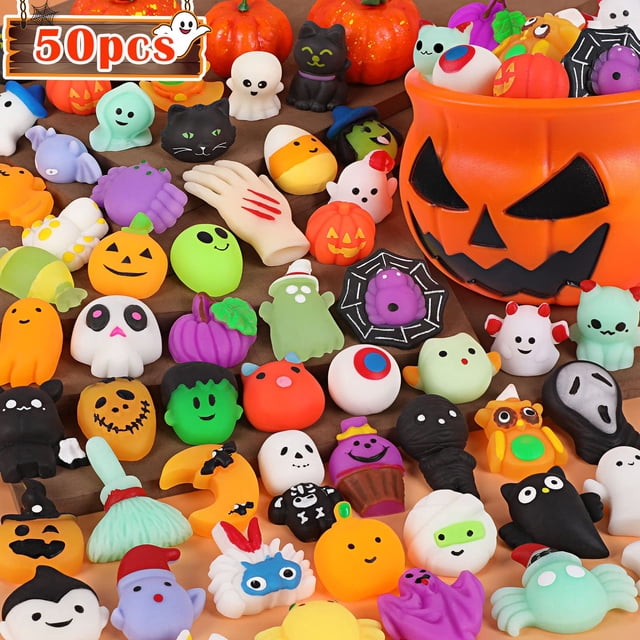 Mochi Squishy Toys UMIKU de Halloween con cubo de calabaza, 50 unidades