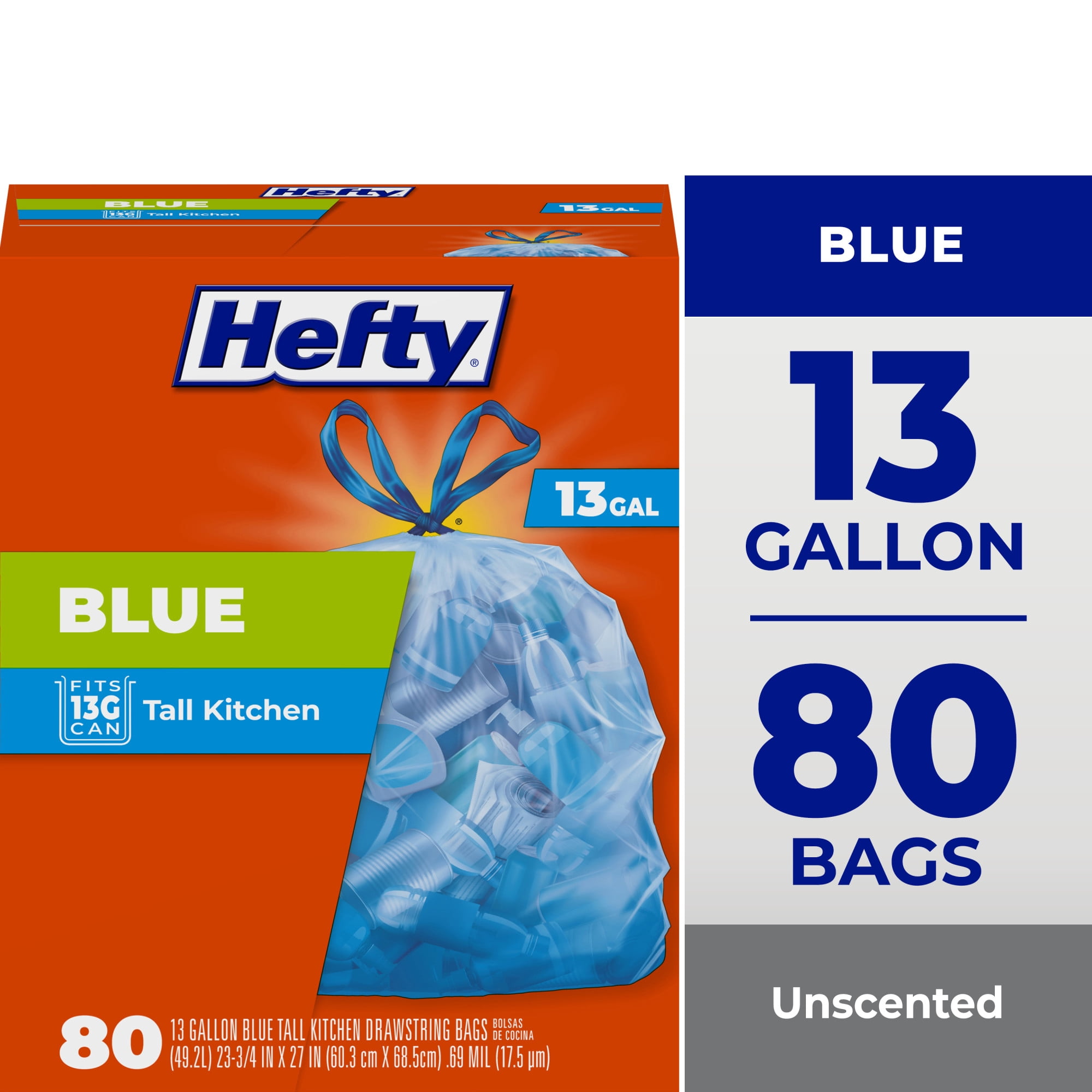 (3 pack) Hefty Blue Trash Bags, Blue, 13 Gallon, 80 Count