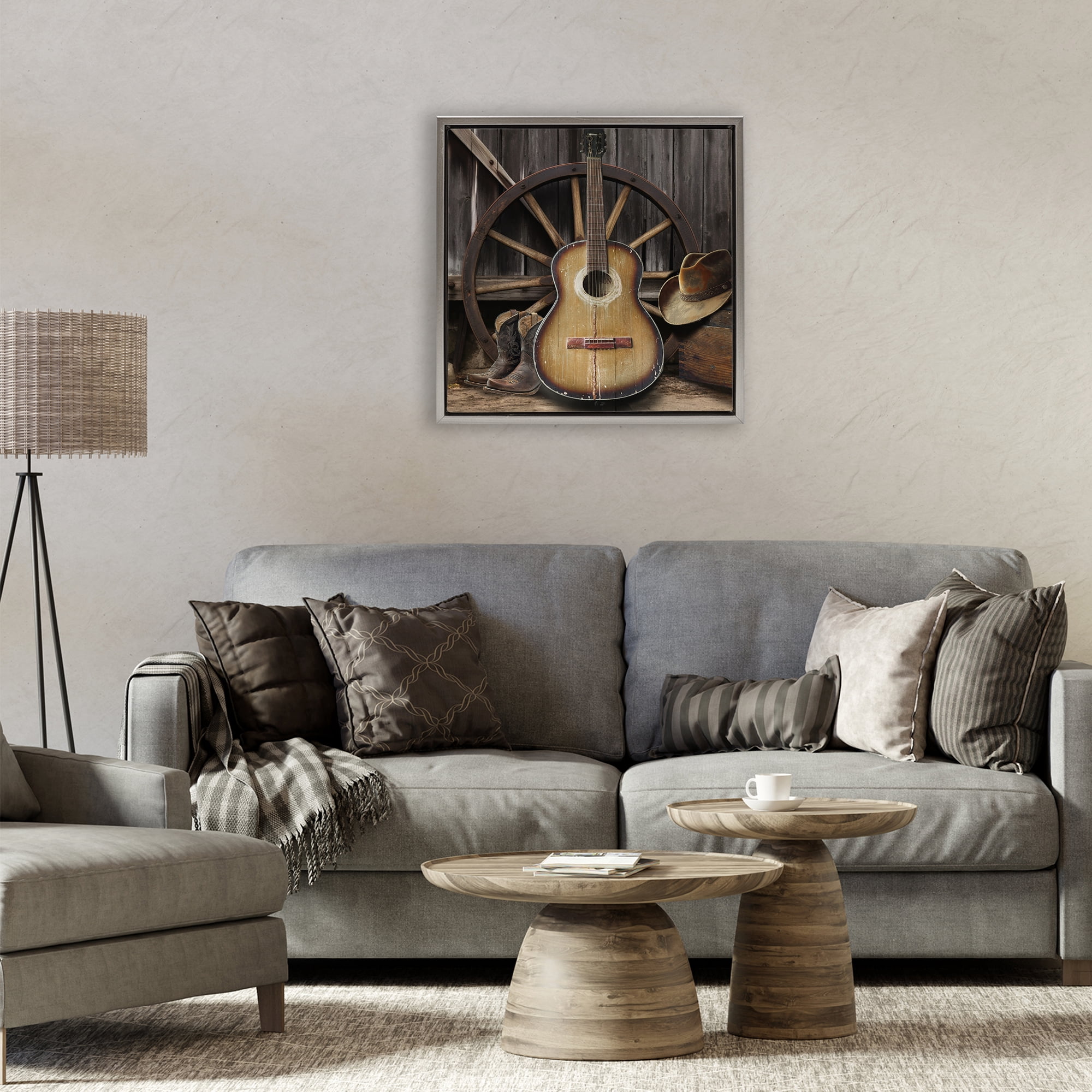 Stupell Industries Rustic Western Guitar with Hat Gray Framed Floater Canvas Wall Art, design by CAD Designs