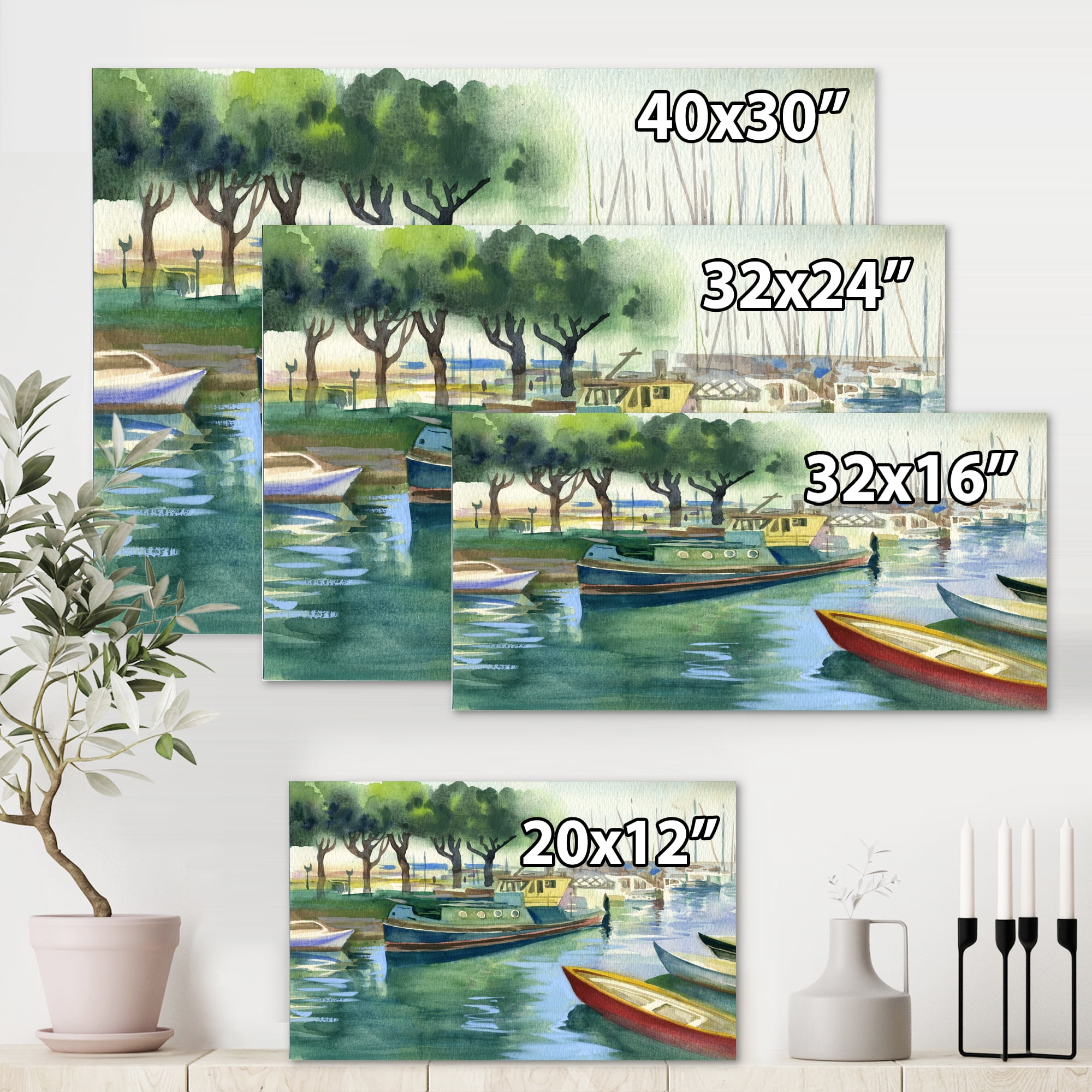 Designart ' Boats At The Lake in Green Spring ' Traditional Canvas Wall Art Print