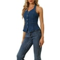 thumbnail image 4 of Allegra K Casual Denim Vest for Women's Halter Neck Button Down Backless Jean Waistcoat S Dark Blue, 4 of 6