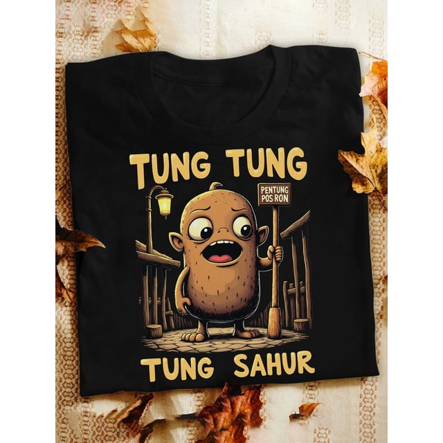 Men'S Plus Size Funny Indonesian Quote T Shirt Tung Tung Penting Pos Ron Tung Sahur with Cartoon Pot Design
